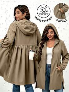 EMERY ROSE Plus Size Women's Spring/Autumn Solid Color Hooded Gathered Waist Double Pocket Open Front Single-Breasted Button Hem Slit Mid-Length Casual Elegant Versatile Daily Trench Coat Jacket - Black - View 4