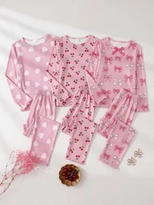 SHEIN Tween Girl Cute Pink Heart Print Long Sleeve Top And Long Pants 2 Pieces Loungewear Set - Baby Pink - View 1