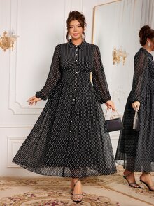 Modelyn Elegant 1950s Vintage Fluffy Polka Dot Print Long Sleeve Cinched Waist A-Line Regular Fit Plus Size Dress Fall Brunch Party Black - Black - View 4
