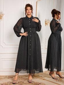 Modelyn Elegant 1950s Vintage Fluffy Polka Dot Print Long Sleeve Cinched Waist A-Line Regular Fit Plus Size Dress Fall Brunch Party Black - Black - View 6