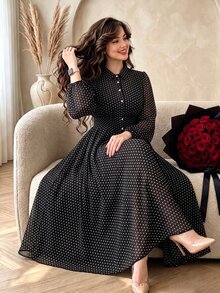 Modelyn Elegant 1950s Vintage Fluffy Polka Dot Print Long Sleeve Cinched Waist A-Line Regular Fit Plus Size Dress Fall Brunch Party Black - Black - View 1