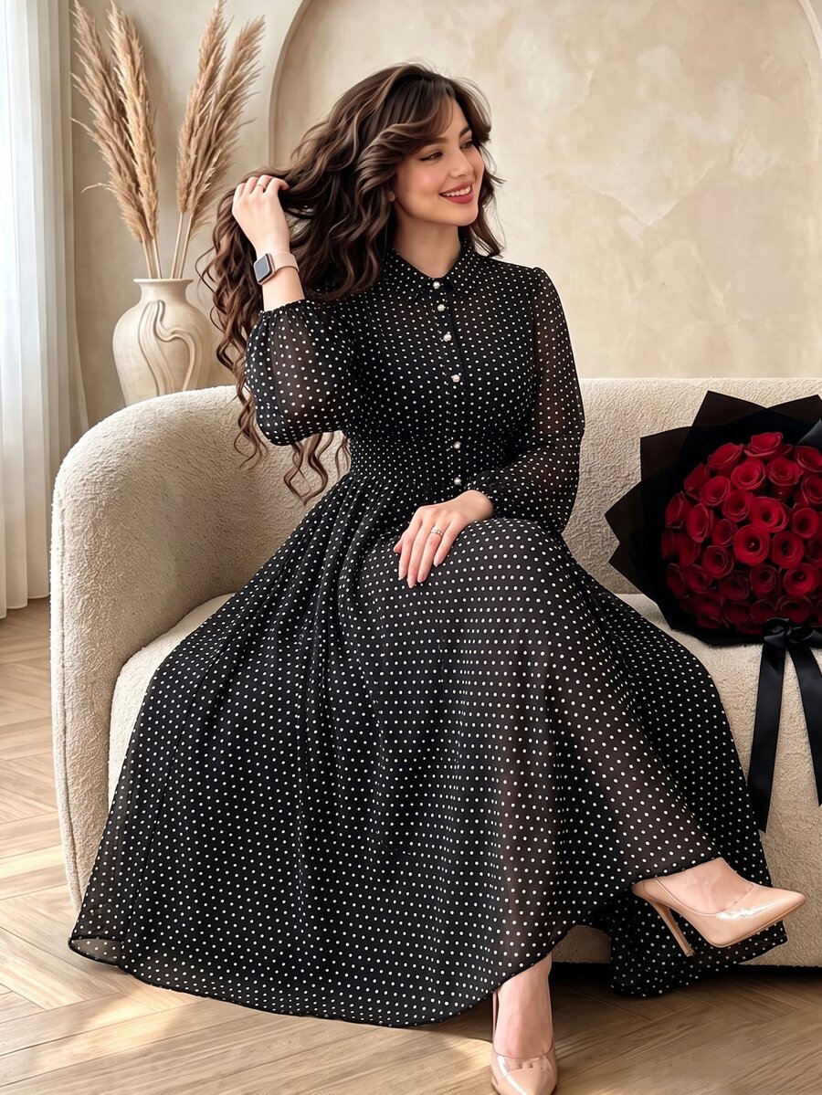 Modelyn Elegant 1950s Vintage Fluffy Polka Dot Print Long Sleeve Cinched Waist A-Line Regular Fit Plus Size Dress Fall Brunch Party Black - Black - View 1