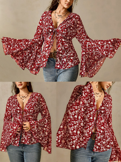 Nubod Saída de Praia Feminina Plus Size Vintage Romântica em Chiffon Floral Bordô, Decote V Profundo, Amarração na Cintura, Manga Longa Evasê, para Uso Diário e Encontros