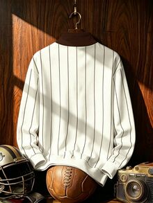 Aesthetic Post American Vintage Brown Vertical Stripe Colorblock Letter Badge Print Half-Zip Stand Collar Hooded Jersey Sweatshirt, College Style Streetwear Colorblock Long Sleeve Jacket, Men's Women's Graphic Pullover, Men's Autumn/Winter Fashion Casual Travel Sports Top - Multicolor - View 3