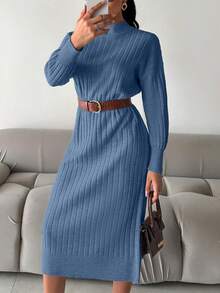 EURMUSE Women Casual Solid Color Stand Collar Batwing Loose Ribbed Knit Sweater Dress, Without Belt - Blue - View 5