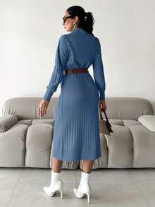 EURMUSE Women Casual Solid Color Stand Collar Batwing Loose Ribbed Knit Sweater Dress, Without Belt - Blue - View 7