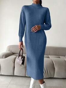 EURMUSE Women Casual Solid Color Stand Collar Batwing Loose Ribbed Knit Sweater Dress, Without Belt - Blue - View 8