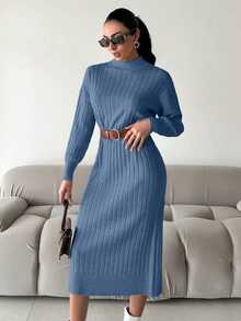 EURMUSE Women Casual Solid Color Stand Collar Batwing Loose Ribbed Knit Sweater Dress, Without Belt - Blue - View 4