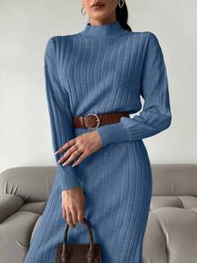 EURMUSE Women Casual Solid Color Stand Collar Batwing Loose Ribbed Knit Sweater Dress, Without Belt - Blue - View 6