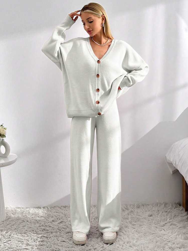 EURMUSE Drop Shoulder Cardigan Tie Front Knit Pants Everyday Home Plain White Autumn Casual - White - View 4