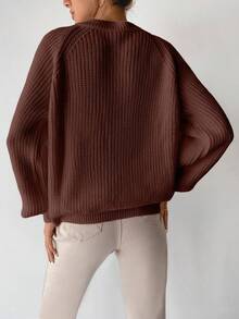 EURMUSE Women Casual Solid Color Raglan Sleeve Knitted Sweater, Autumn - Brown - View 4
