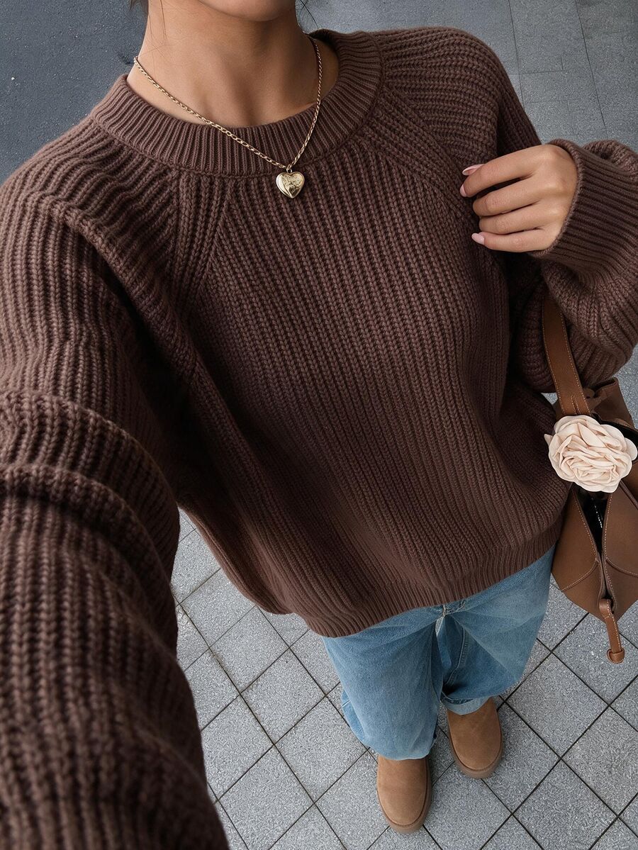 EURMUSE Women Casual Solid Color Raglan Sleeve Knitted Sweater, Autumn - Brown - View 1
