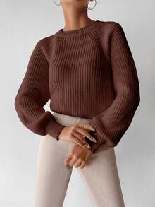 EURMUSE Women Casual Solid Color Raglan Sleeve Knitted Sweater, Autumn - Brown - View 5