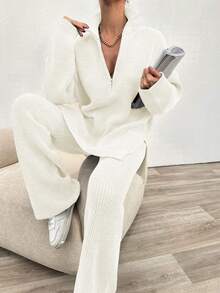 EURMUSE 2pcs Women Autumn/Winter Solid Color Half-Zip Dropped Shoulder Long Sleeve Loose Sweater And Knit Pants Casual Set - White - View 5