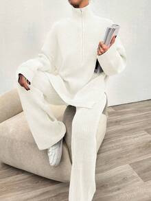 EURMUSE 2pcs Women Autumn/Winter Solid Color Half-Zip Dropped Shoulder Long Sleeve Loose Sweater And Knit Pants Casual Set - White - View 6