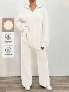 EURMUSE 2pcs Women Autumn/Winter Solid Color Half-Zip Dropped Shoulder Long Sleeve Loose Sweater And Knit Pants Casual Set - White - View 9
