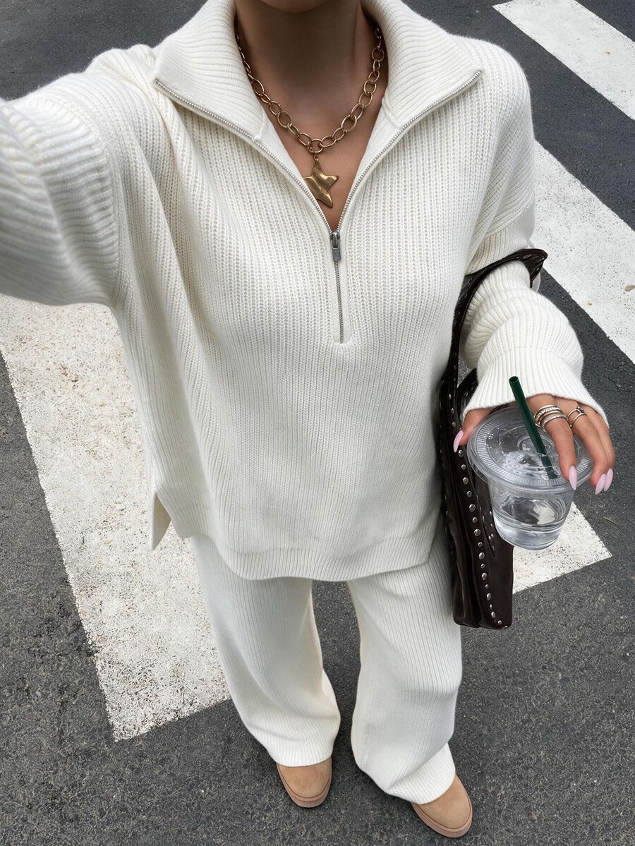 EURMUSE 2pcs Women Autumn/Winter Solid Color Half-Zip Dropped Shoulder Long Sleeve Loose Sweater And Knit Pants Casual Set