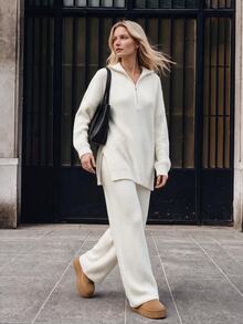 EURMUSE 2pcs Women Autumn/Winter Solid Color Half-Zip Dropped Shoulder Long Sleeve Loose Sweater And Knit Pants Casual Set - White - View 3
