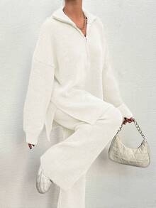 EURMUSE 2pcs Women Autumn/Winter Solid Color Half-Zip Dropped Shoulder Long Sleeve Loose Sweater And Knit Pants Casual Set - White - View 7