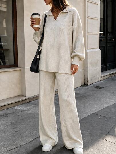 EURMUSE Rib Pattern Polo Neck Sweater And Pant 2pcs Set
