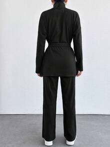 EURMUSE Petite Solid Color Turtleneck Casual Sweater 2pcs/Set ,Petite Women - Black - View 4