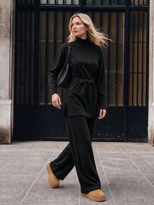 EURMUSE Petite Solid Color Turtleneck Casual Sweater 2pcs/Set ,Petite Women - Black - View 2