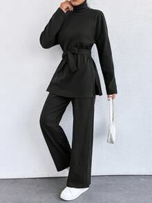 EURMUSE Petite Solid Color Turtleneck Casual Sweater 2pcs/Set ,Petite Women - Black - View 6