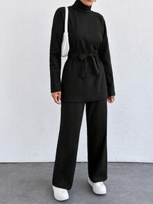 EURMUSE Petite Solid Color Turtleneck Casual Sweater 2pcs/Set ,Petite Women - Black - View 3