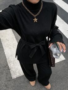 EURMUSE Petite Solid Color Turtleneck Casual Sweater 2pcs/Set ,Petite Women - Black - View 1