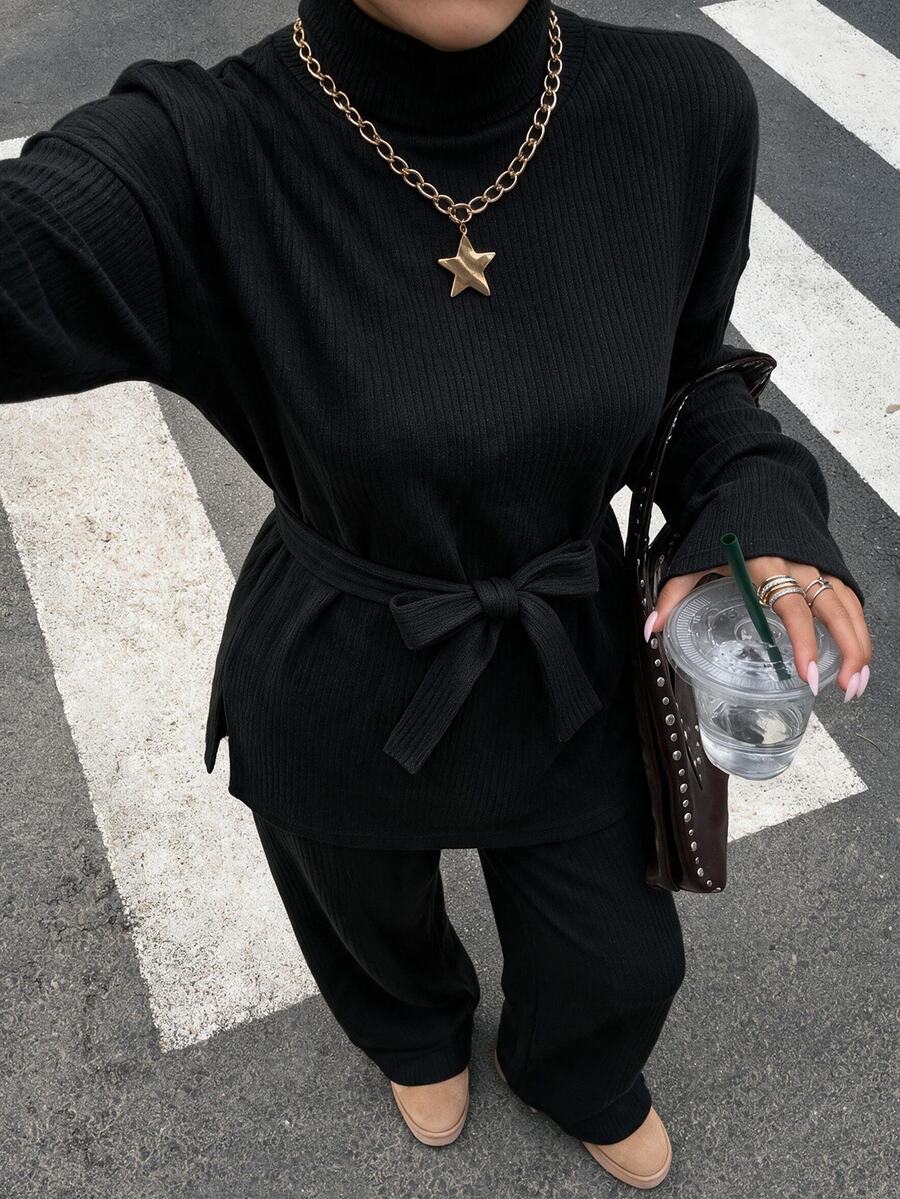 EURMUSE Petite Solid Color Turtleneck Casual Sweater 2pcs/Set ,Petite Women - Black - View 1