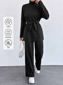 EURMUSE Petite Solid Color Turtleneck Casual Sweater 2pcs/Set ,Petite Women - Black - View 7