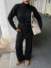 EURMUSE Petite Solid Color Turtleneck Casual Sweater 2pcs/Set ,Petite Women - Black - View 8