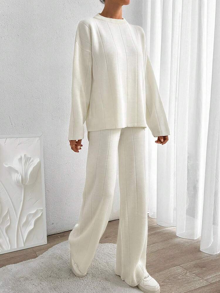 EURMUSE Women Solid Color Rib Knit Sweater & Sweater Pants Set - White - View 7