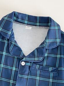 Boys' Simple Elegant Blue Plaid Casual Comfortable Long Sleeve Top And Pants 2 Pieces Set Loungewear - Blue - View 4