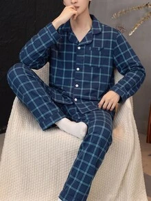 Boys' Simple Elegant Blue Plaid Casual Comfortable Long Sleeve Top And Pants 2 Pieces Set Loungewear - Blue - View 1