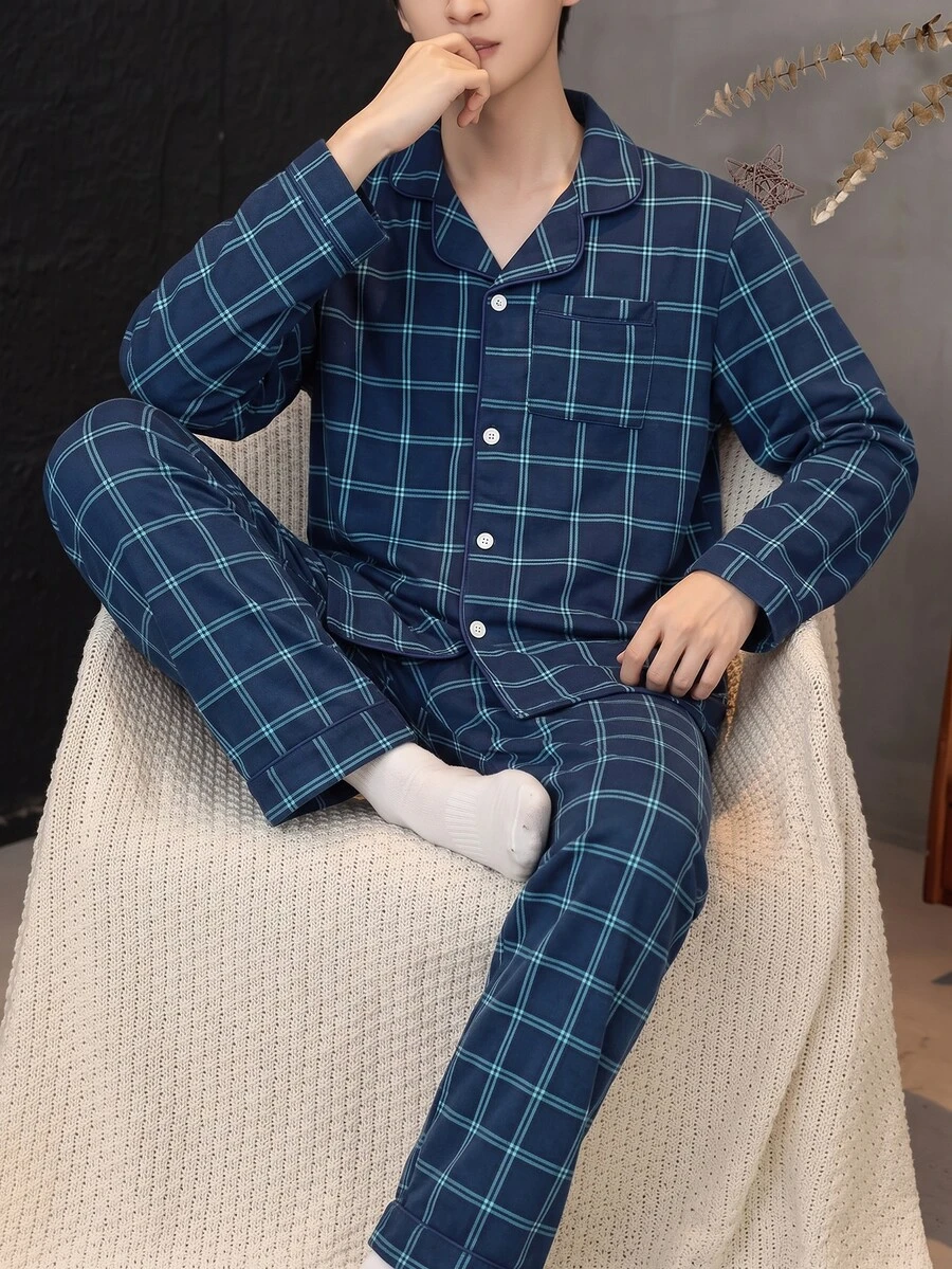 Boys' Simple Elegant Blue Plaid Casual Comfortable Long Sleeve Top And Pants 2 Pieces Set Loungewear - Blue - View 1