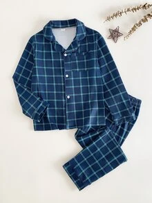 Boys' Simple Elegant Blue Plaid Casual Comfortable Long Sleeve Top And Pants 2 Pieces Set Loungewear - Blue - View 3