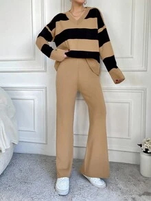EURMUSE Women's Striped Drop Shoulder Long Sleeve Sweater And Pants Two-Piece Set - Camel - View 5