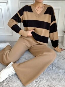 EURMUSE Women's Striped Drop Shoulder Long Sleeve Sweater And Pants Two-Piece Set - Camel - View 6