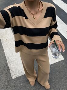 EURMUSE Women's Striped Drop Shoulder Long Sleeve Sweater And Pants Two-Piece Set - Camel - View 4