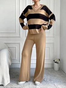 EURMUSE Women's Striped Drop Shoulder Long Sleeve Sweater And Pants Two-Piece Set - Camel - View 3