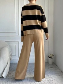 EURMUSE Women's Striped Drop Shoulder Long Sleeve Sweater And Pants Two-Piece Set - Camel - View 2