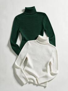 SHEIN Cottnline 2 Pcs Women's Solid Color Knitted Sweater With Turn-Down Collar - Multicolor - View 2