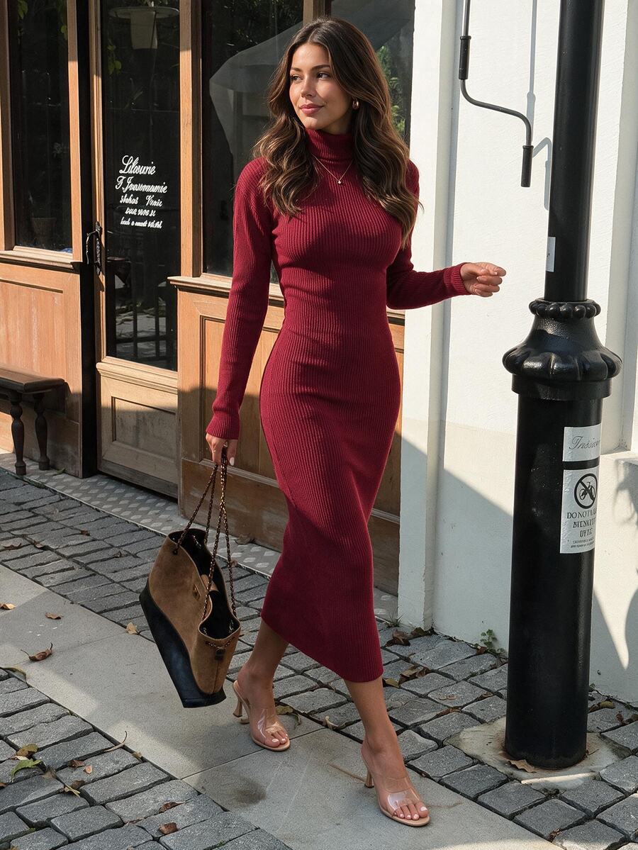 EURMUSE Turtleneck Drop Shoulder Sweater Dress Without Belt
