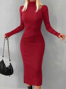 EURMUSE Turtleneck Drop Shoulder Sweater Dress Without Belt - Burgundy - View 8