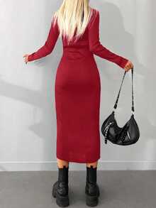 EURMUSE Turtleneck Drop Shoulder Sweater Dress Without Belt - Burgundy - View 4