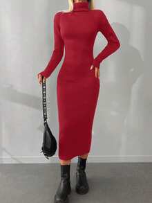 EURMUSE Turtleneck Drop Shoulder Sweater Dress Without Belt - Burgundy - View 6