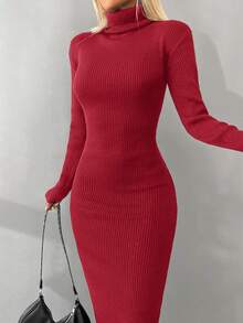 EURMUSE Turtleneck Drop Shoulder Sweater Dress Without Belt - Burgundy - View 7