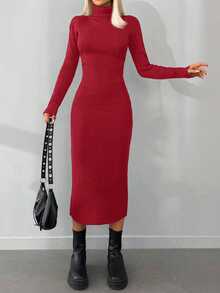 EURMUSE Turtleneck Drop Shoulder Sweater Dress Without Belt - Burgundy - View 5