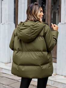 SHEIN Cottnline Women's Gray Hooded Padded Coat - Army Green - View 5